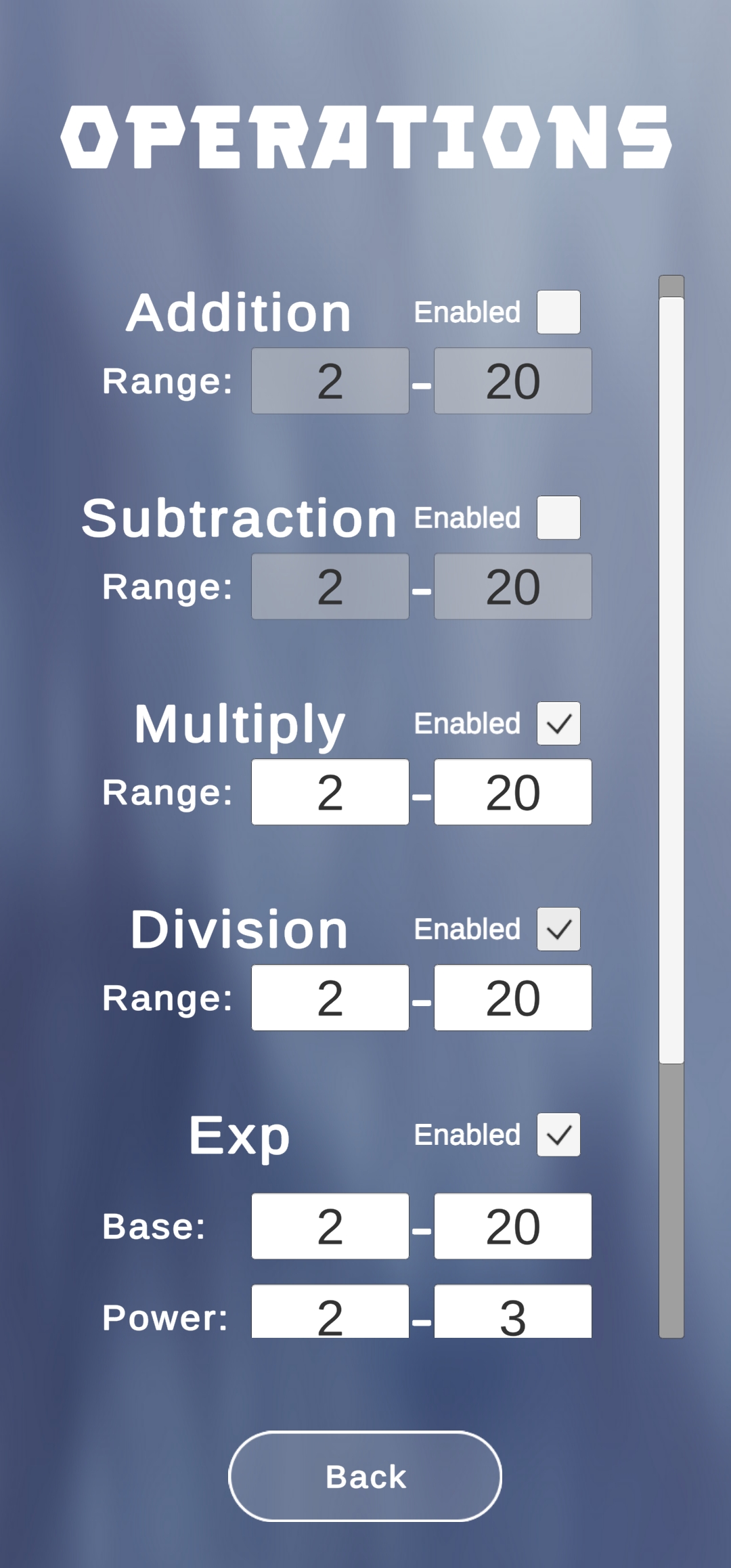 Math Trial Operations Selection